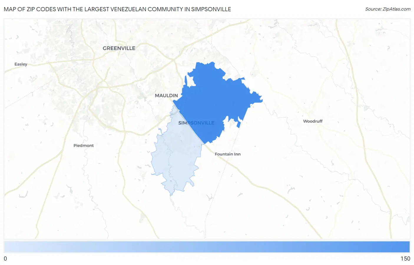 Zip Codes with the Largest Venezuelan Community in Simpsonville Map