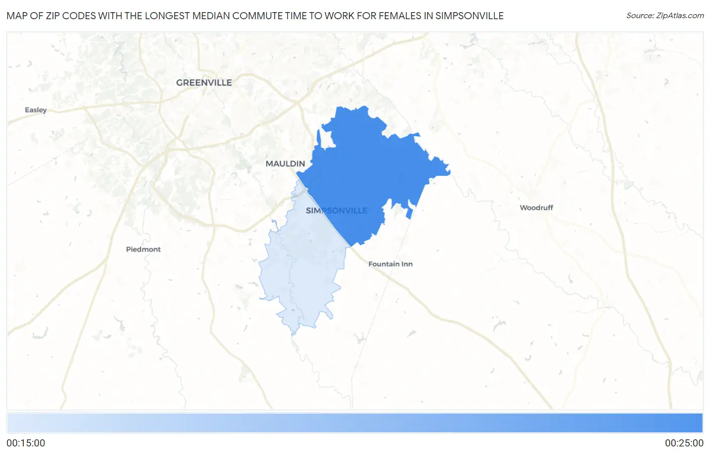 Zip Codes with the Longest Median Commute Time to Work for Females in Simpsonville Map