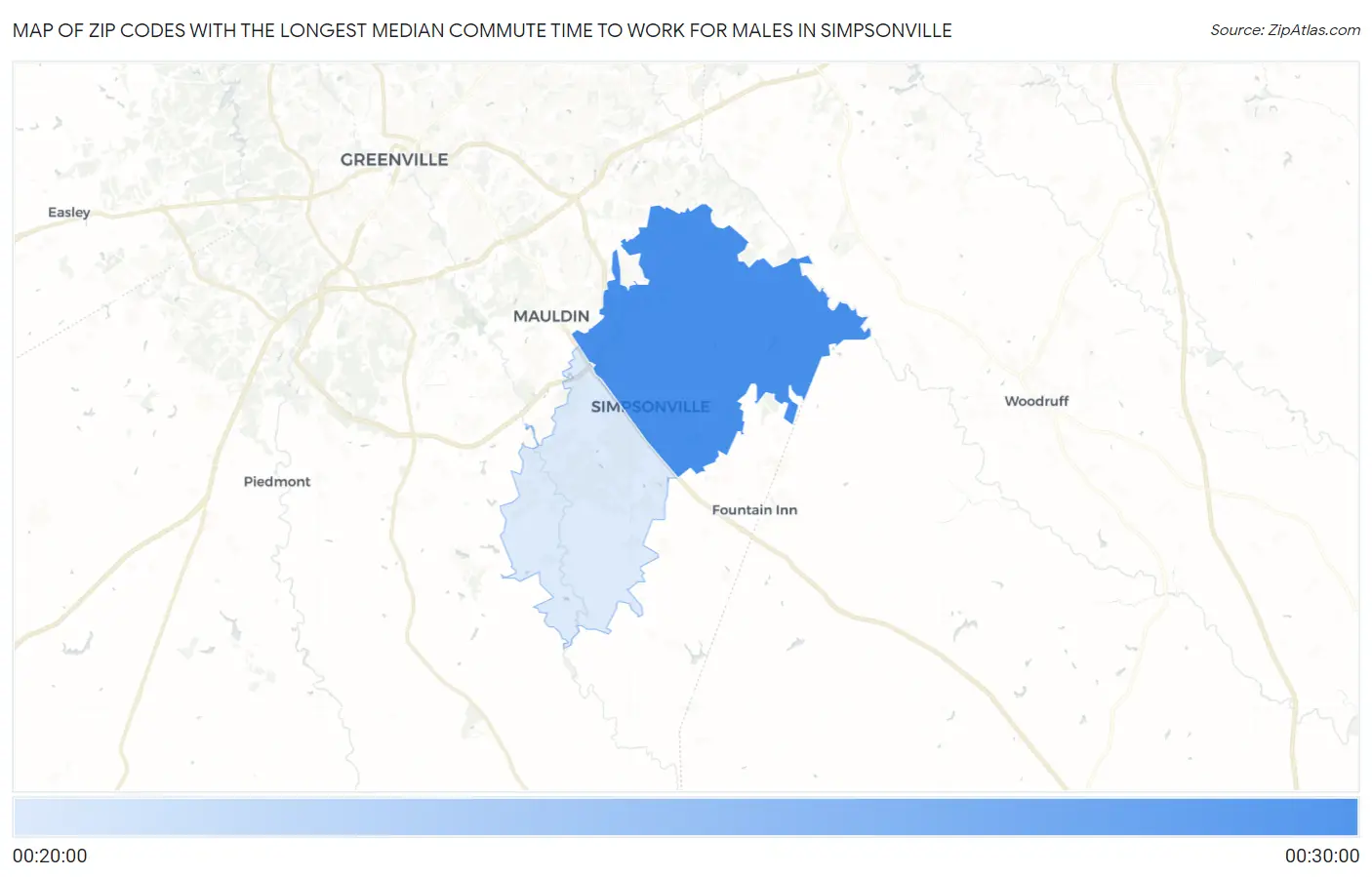 Zip Codes with the Longest Median Commute Time to Work for Males in Simpsonville Map