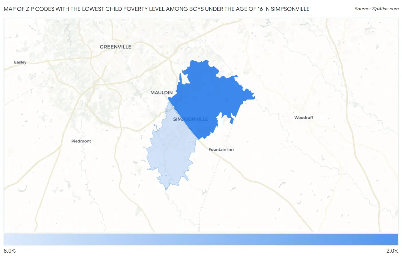 Zip Codes with the Lowest Child Poverty Level Among Boys Under the Age of 16 in Simpsonville Map