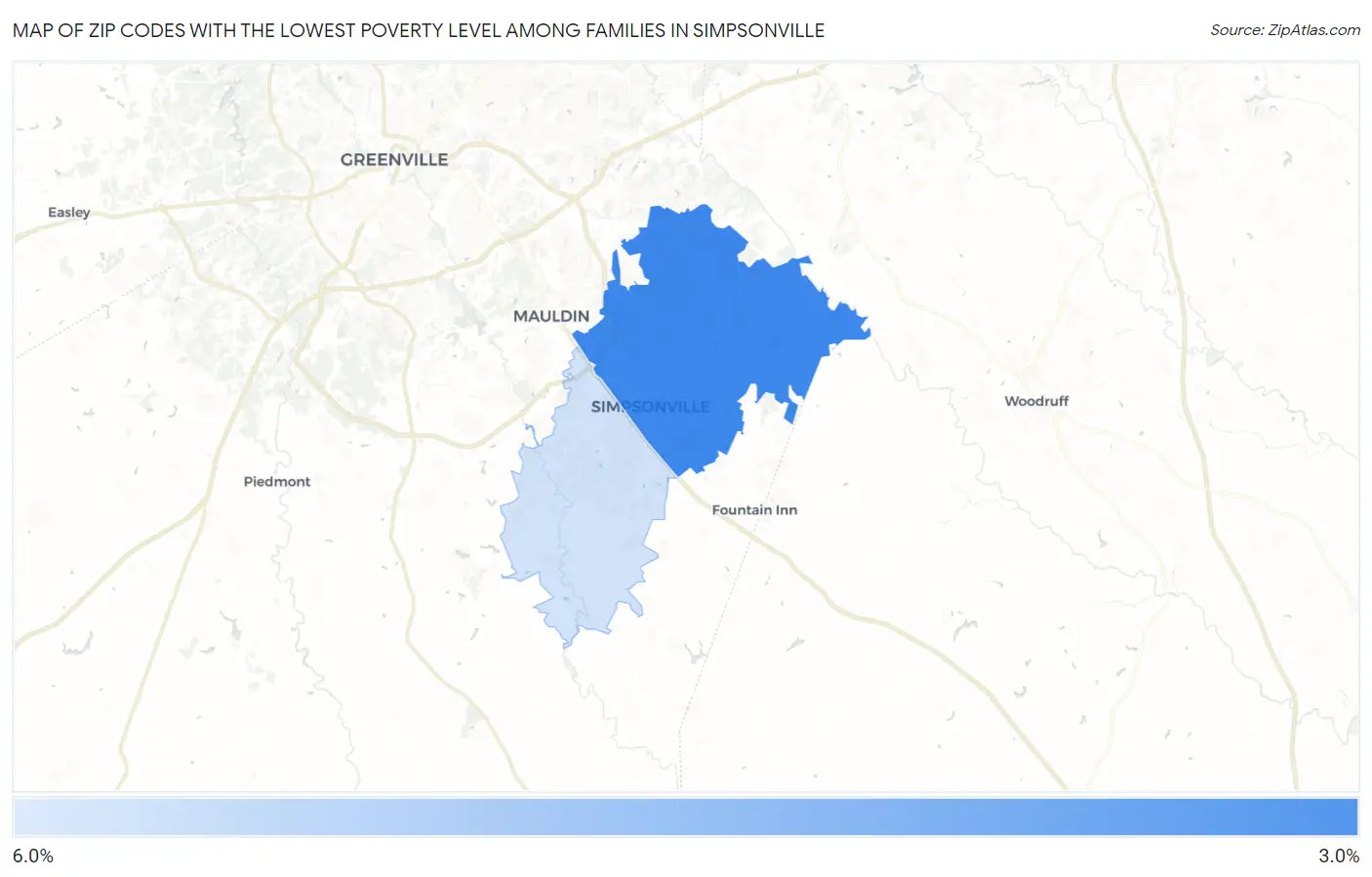 Zip Codes with the Lowest Poverty Level Among Families in Simpsonville Map