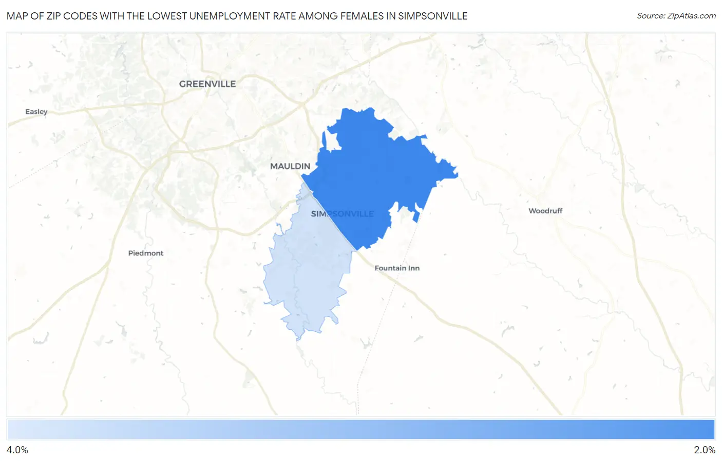 Zip Codes with the Lowest Unemployment Rate Among Females in Simpsonville Map