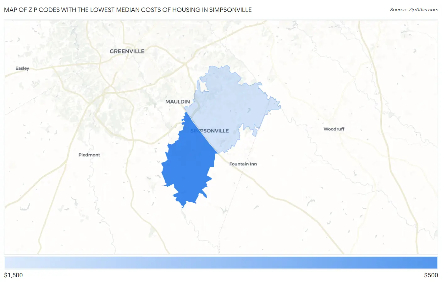 Zip Codes with the Lowest Median Costs of Housing in Simpsonville Map