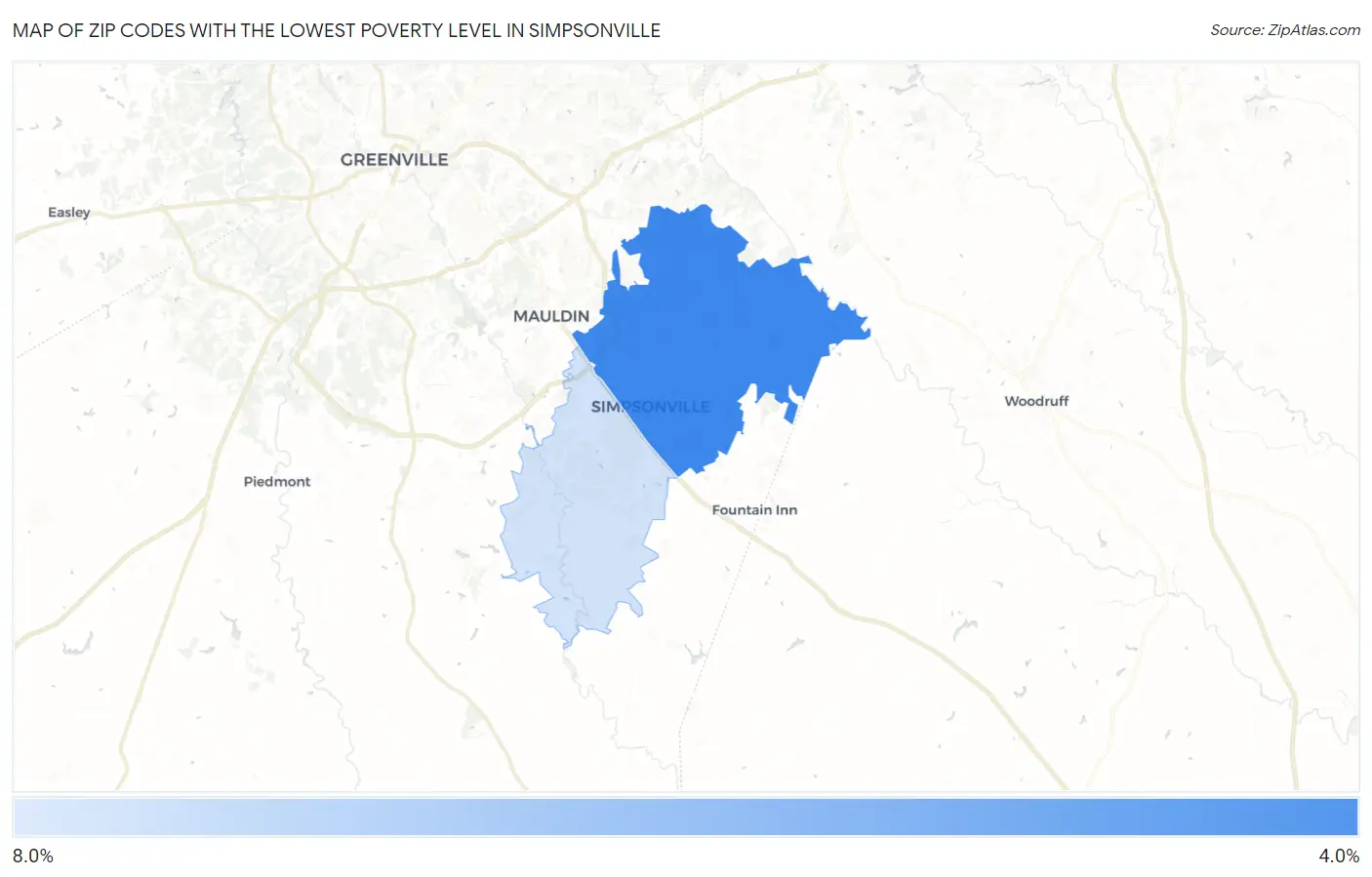 Zip Codes with the Lowest Poverty Level in Simpsonville Map