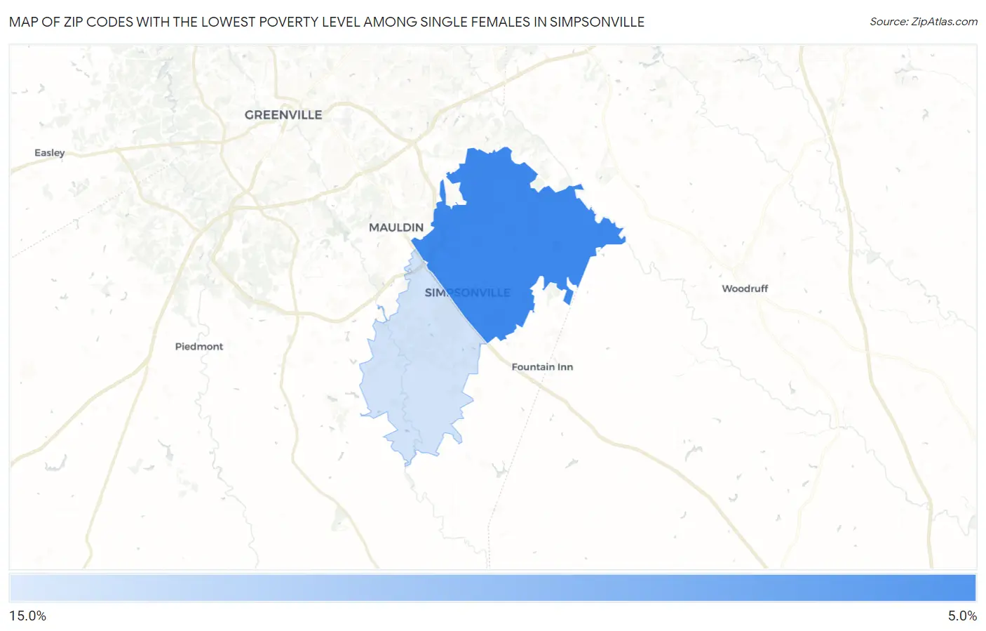 Zip Codes with the Lowest Poverty Level Among Single Females in Simpsonville Map