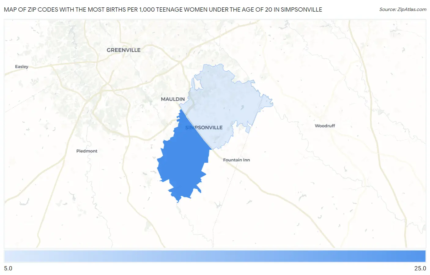 Zip Codes with the Most Births per 1,000 Teenage Women Under the Age of 20 in Simpsonville Map