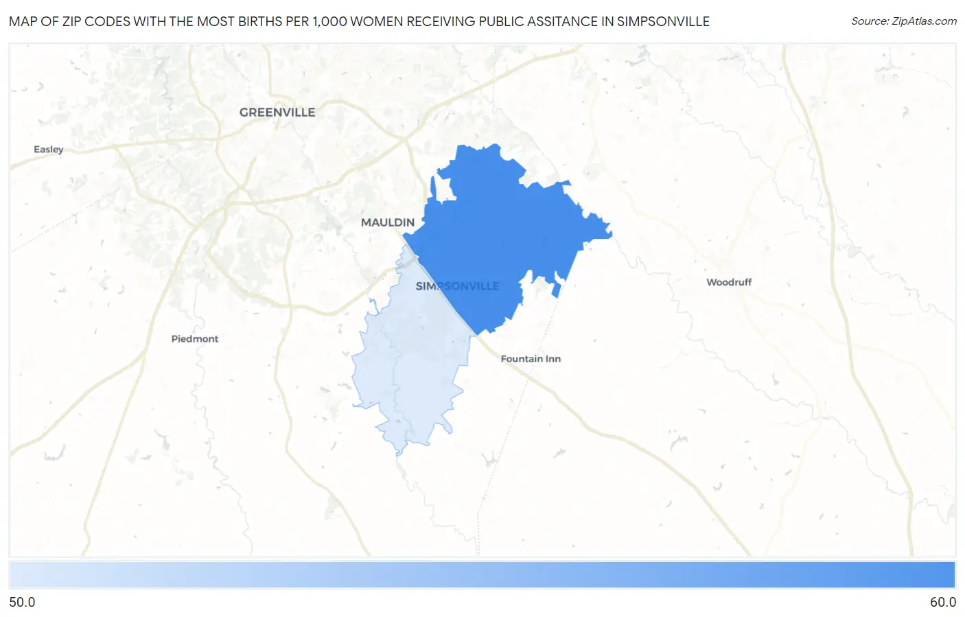 Zip Codes with the Most Births per 1,000 Women Receiving Public Assitance in Simpsonville Map