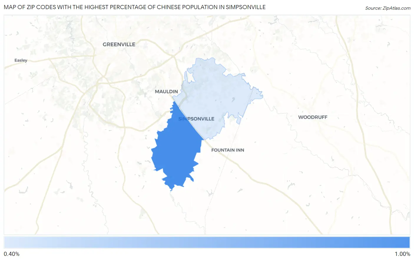 Zip Codes with the Highest Percentage of Chinese Population in Simpsonville Map