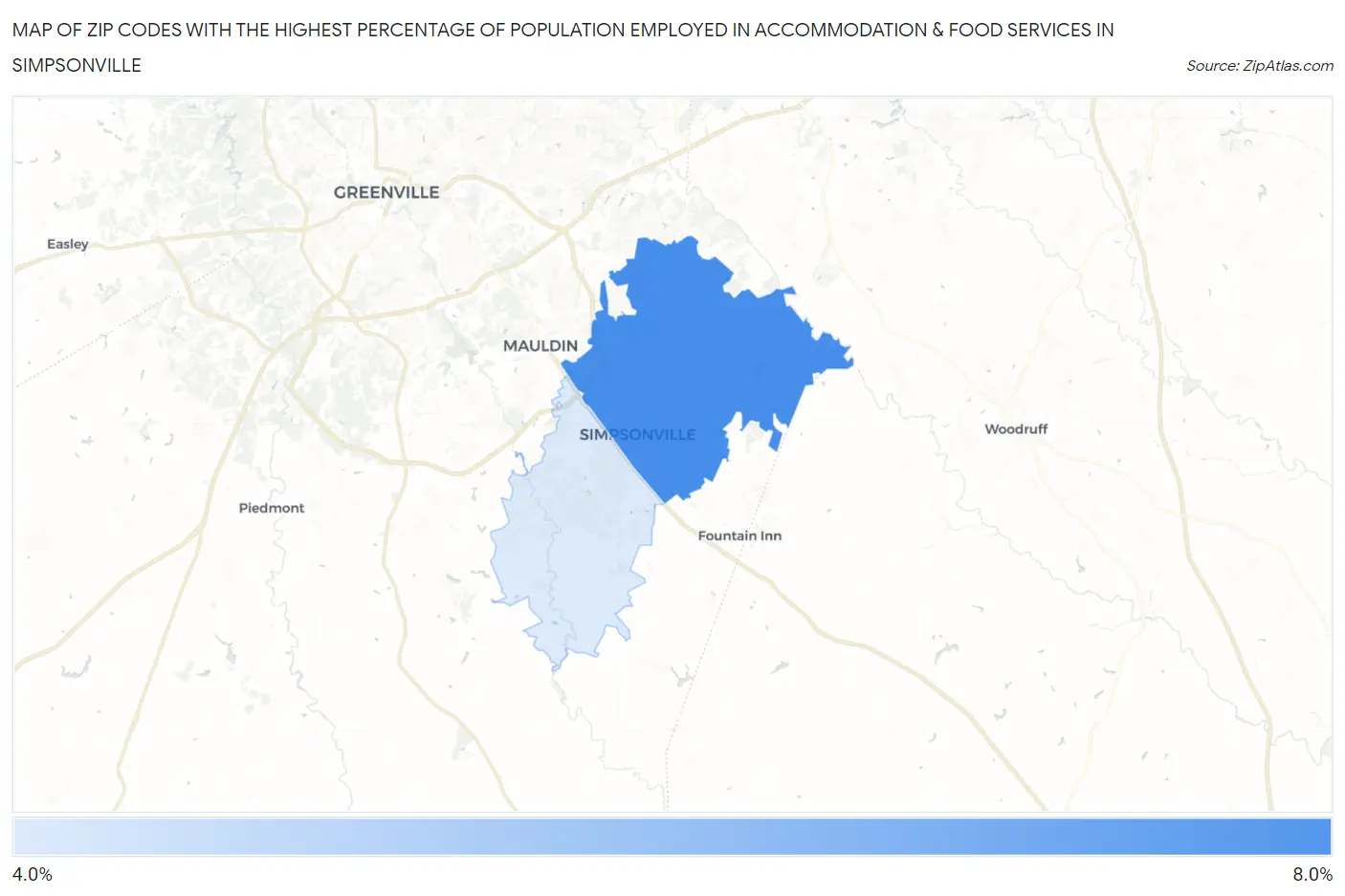 Zip Codes with the Highest Percentage of Population Employed in Accommodation & Food Services in Simpsonville Map