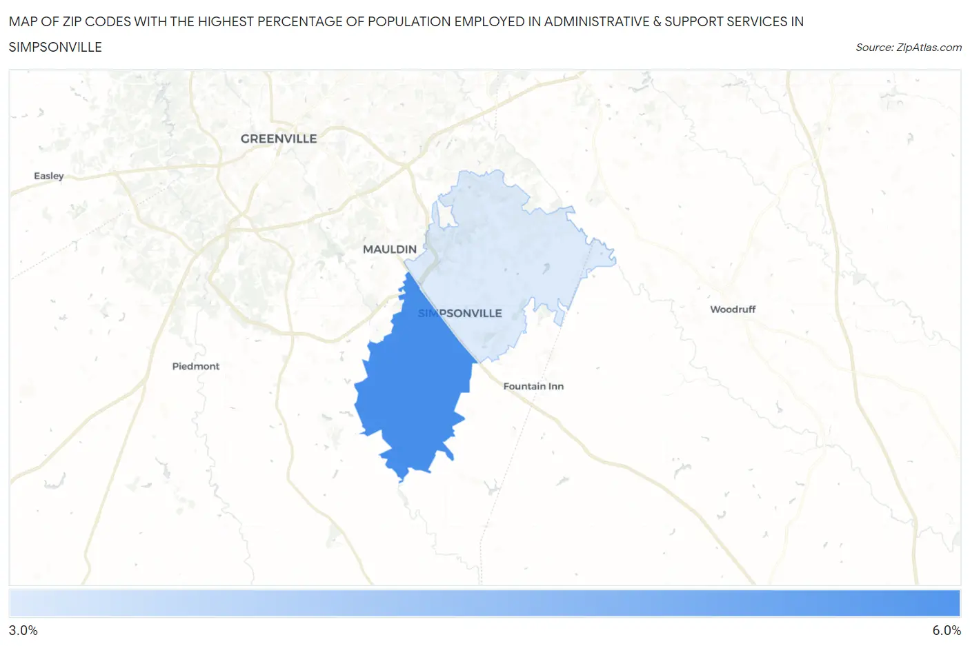 Zip Codes with the Highest Percentage of Population Employed in Administrative & Support Services in Simpsonville Map