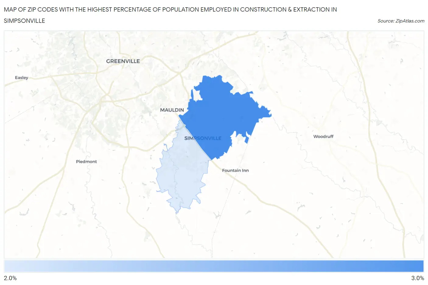 Zip Codes with the Highest Percentage of Population Employed in Construction & Extraction in Simpsonville Map