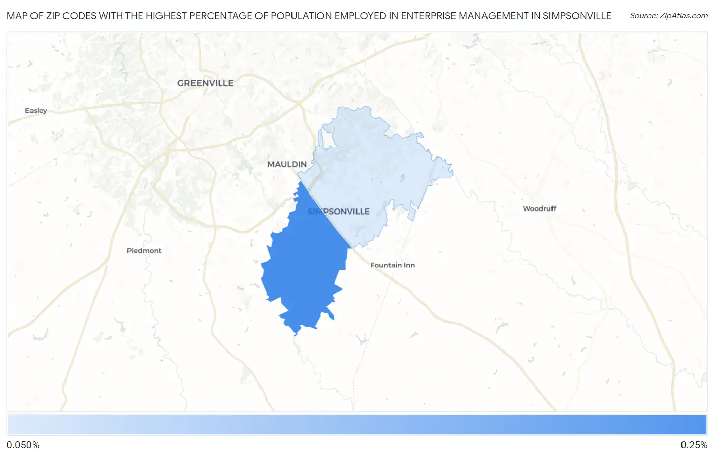 Zip Codes with the Highest Percentage of Population Employed in Enterprise Management in Simpsonville Map