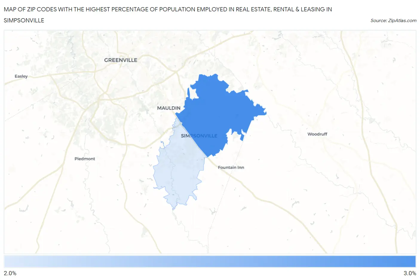 Zip Codes with the Highest Percentage of Population Employed in Real Estate, Rental & Leasing in Simpsonville Map