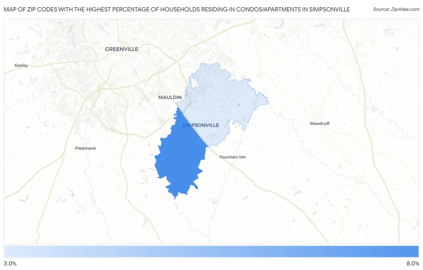 Zip Codes with the Highest Percentage of Households Residing in Condos/Apartments in Simpsonville Map