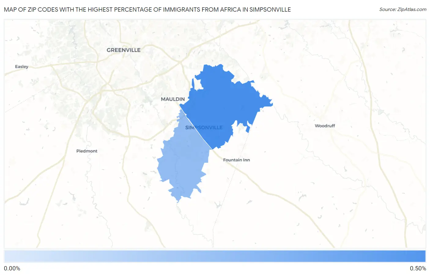 Zip Codes with the Highest Percentage of Immigrants from Africa in Simpsonville Map