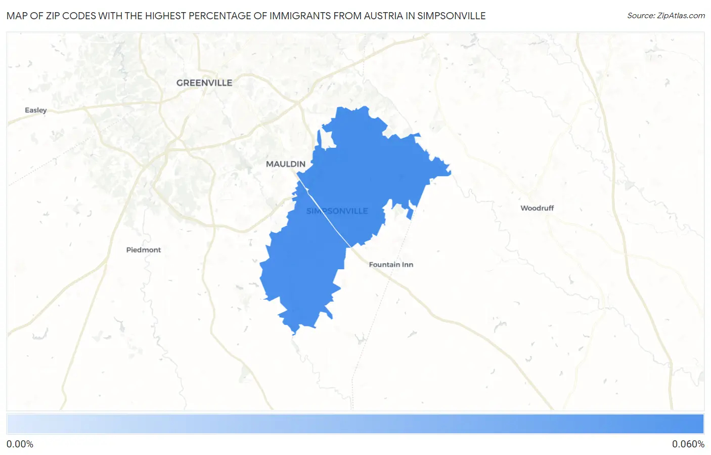 Zip Codes with the Highest Percentage of Immigrants from Austria in Simpsonville Map