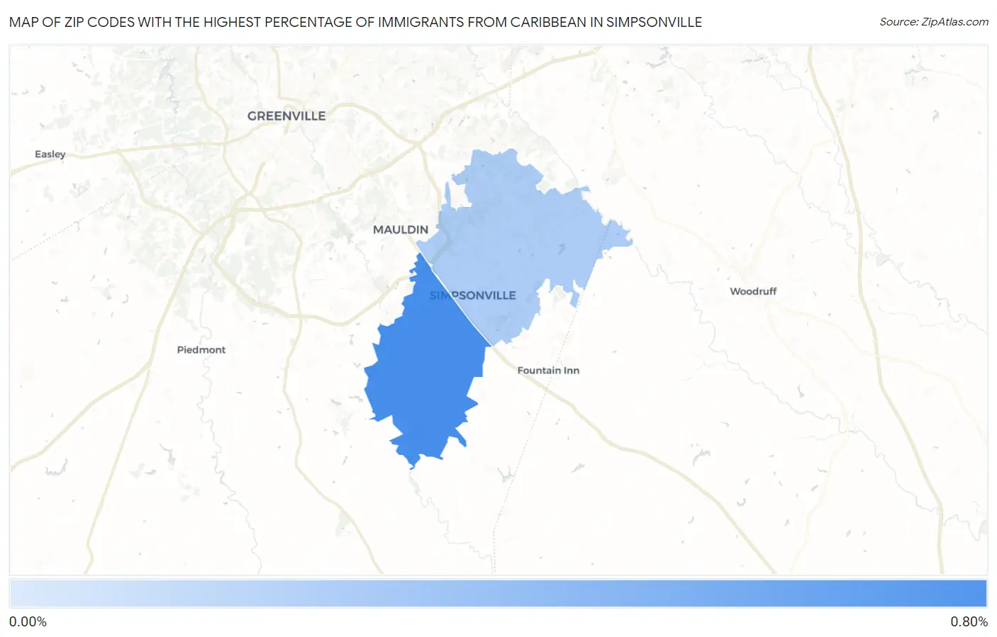 Zip Codes with the Highest Percentage of Immigrants from Caribbean in Simpsonville Map