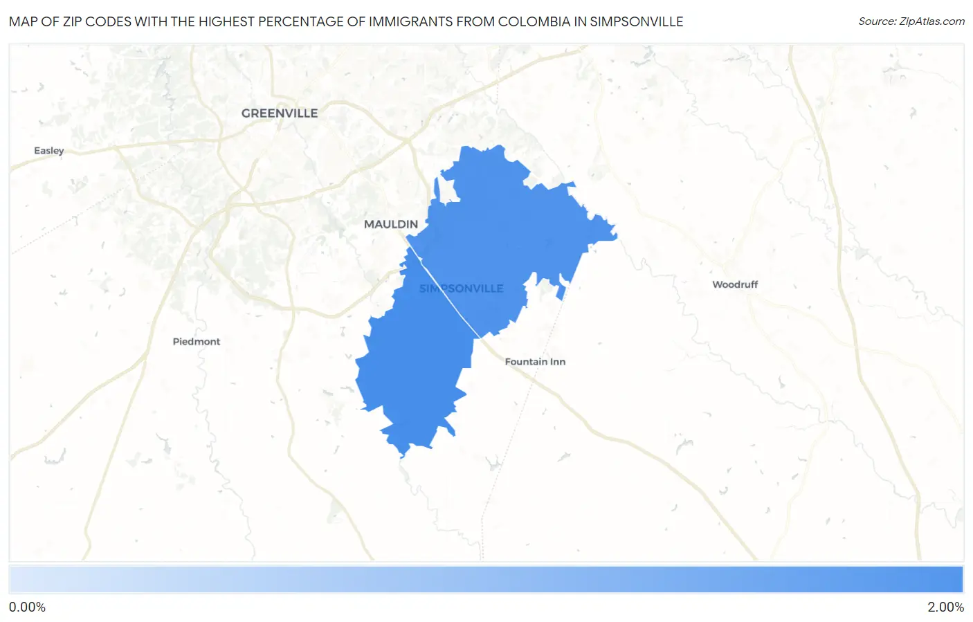 Zip Codes with the Highest Percentage of Immigrants from Colombia in Simpsonville Map