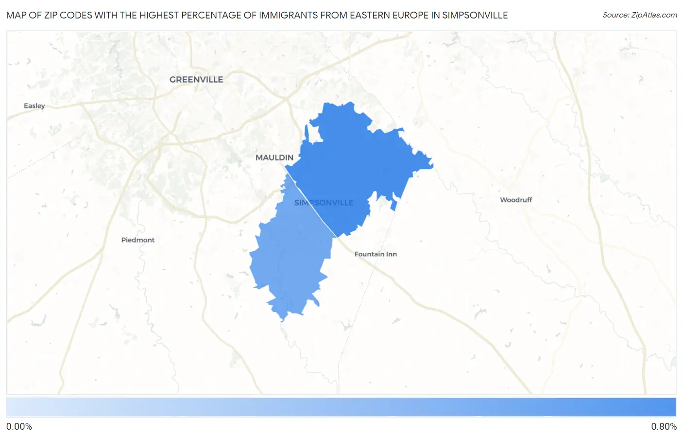Zip Codes with the Highest Percentage of Immigrants from Eastern Europe in Simpsonville Map