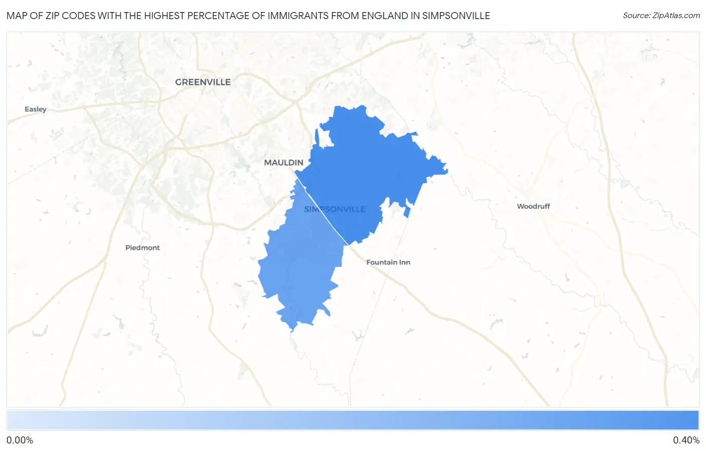 Zip Codes with the Highest Percentage of Immigrants from England in Simpsonville Map
