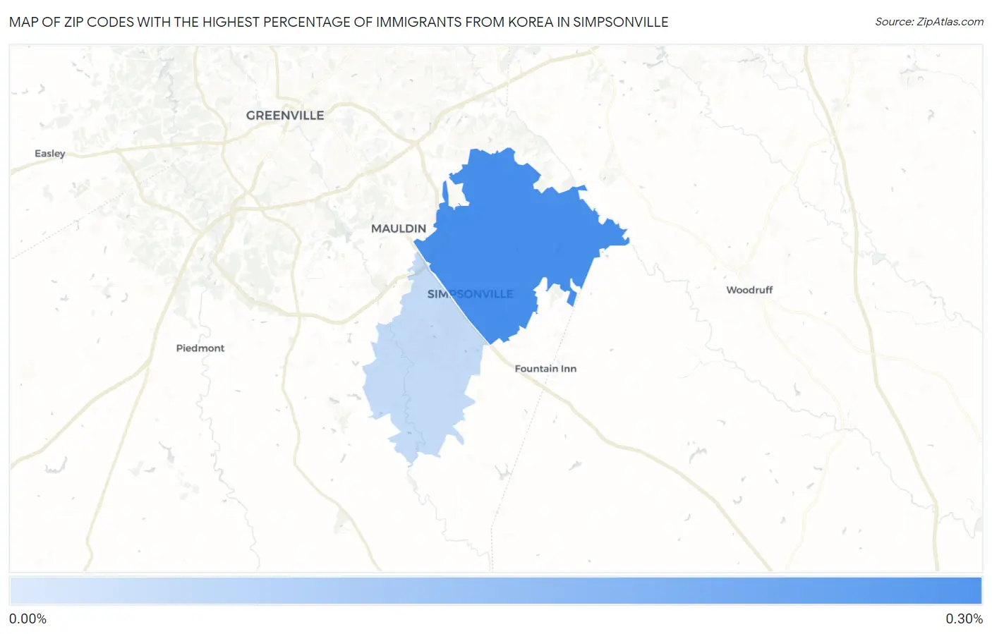 Zip Codes with the Highest Percentage of Immigrants from Korea in Simpsonville Map