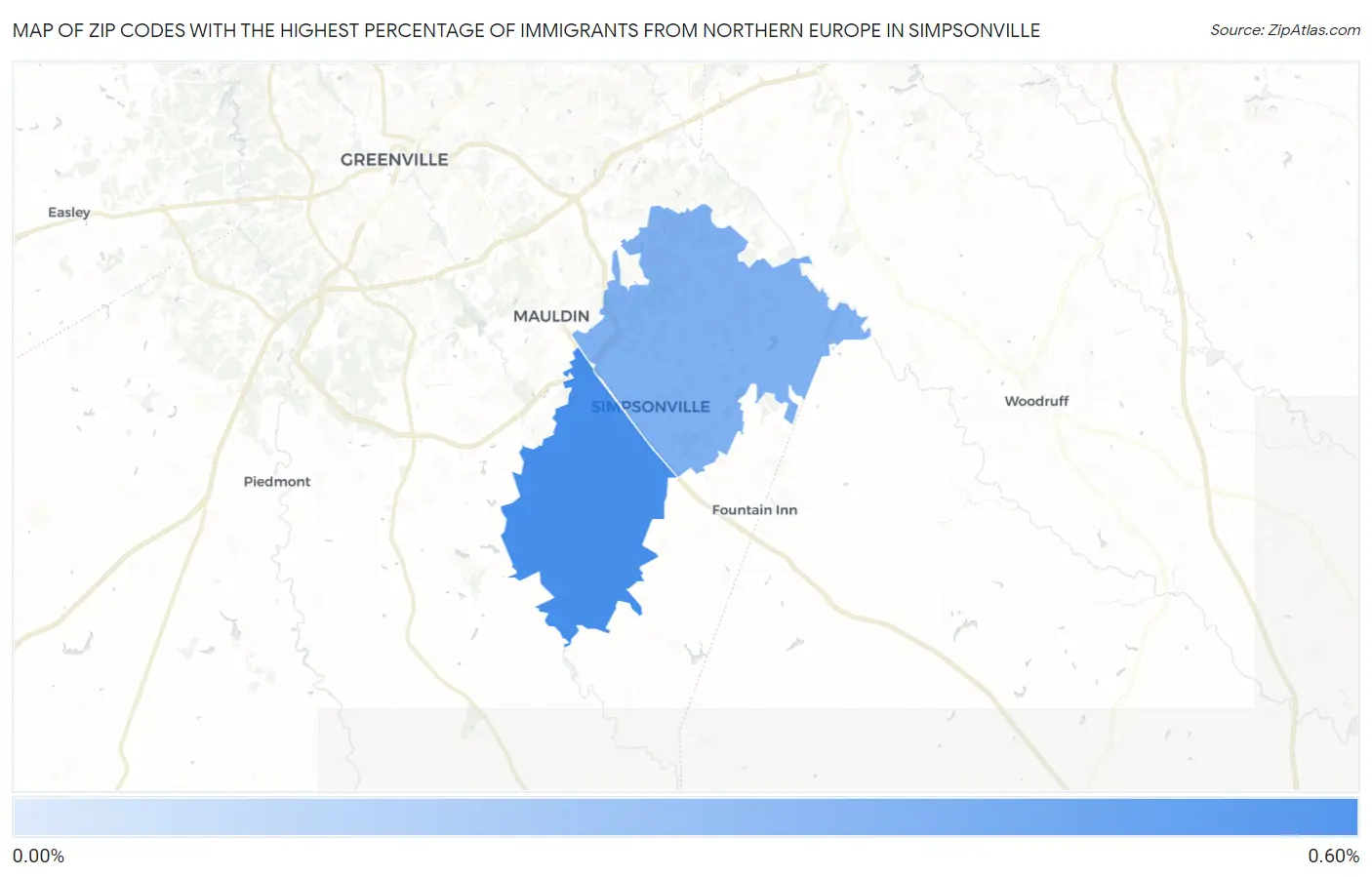 Zip Codes with the Highest Percentage of Immigrants from Northern Europe in Simpsonville Map