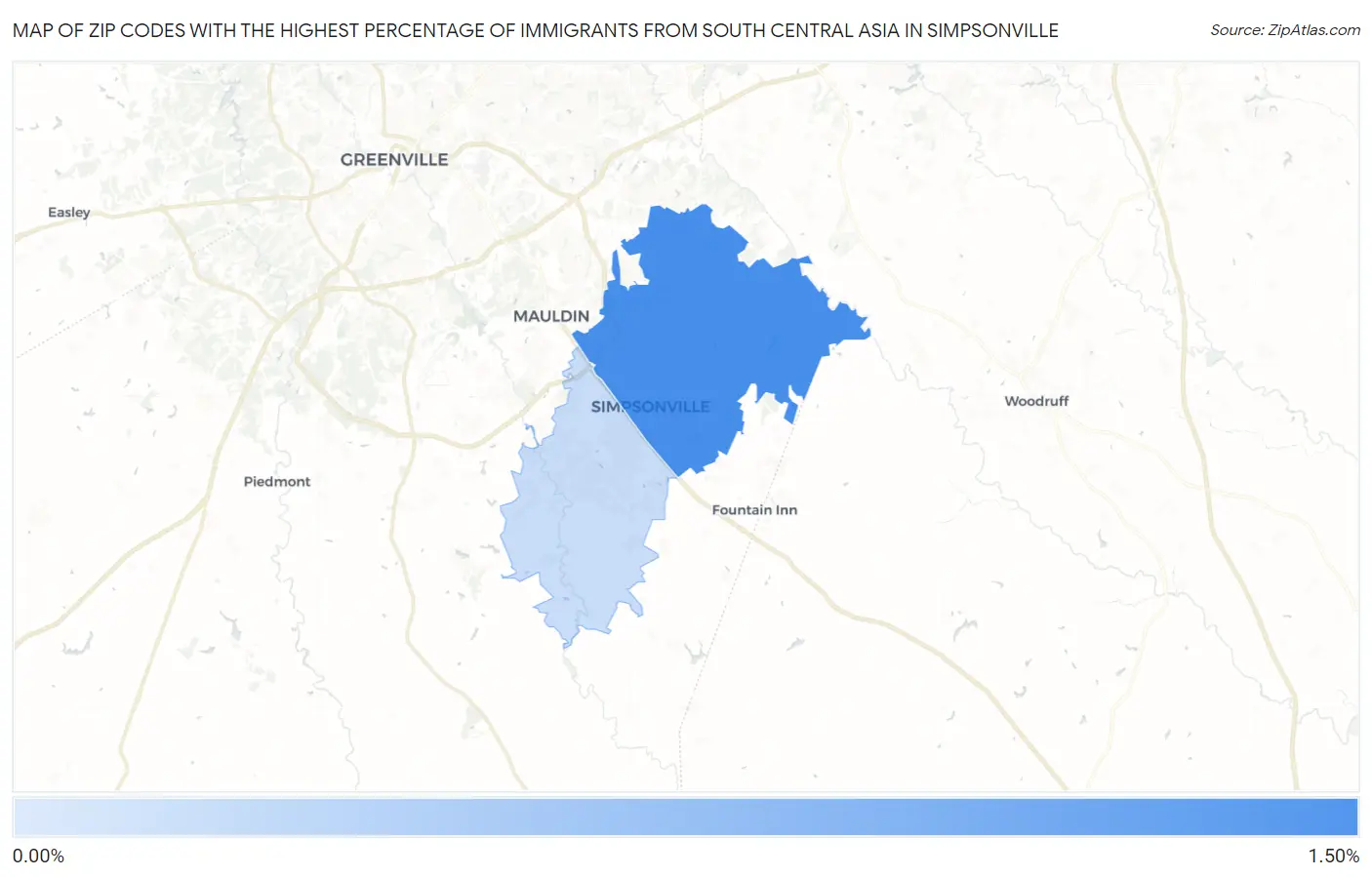 Zip Codes with the Highest Percentage of Immigrants from South Central Asia in Simpsonville Map