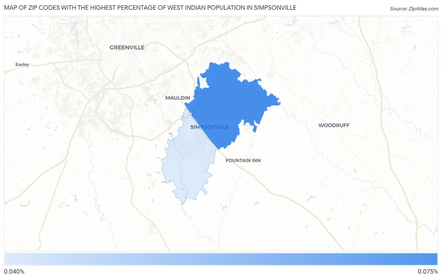 Zip Codes with the Highest Percentage of West Indian Population in Simpsonville Map