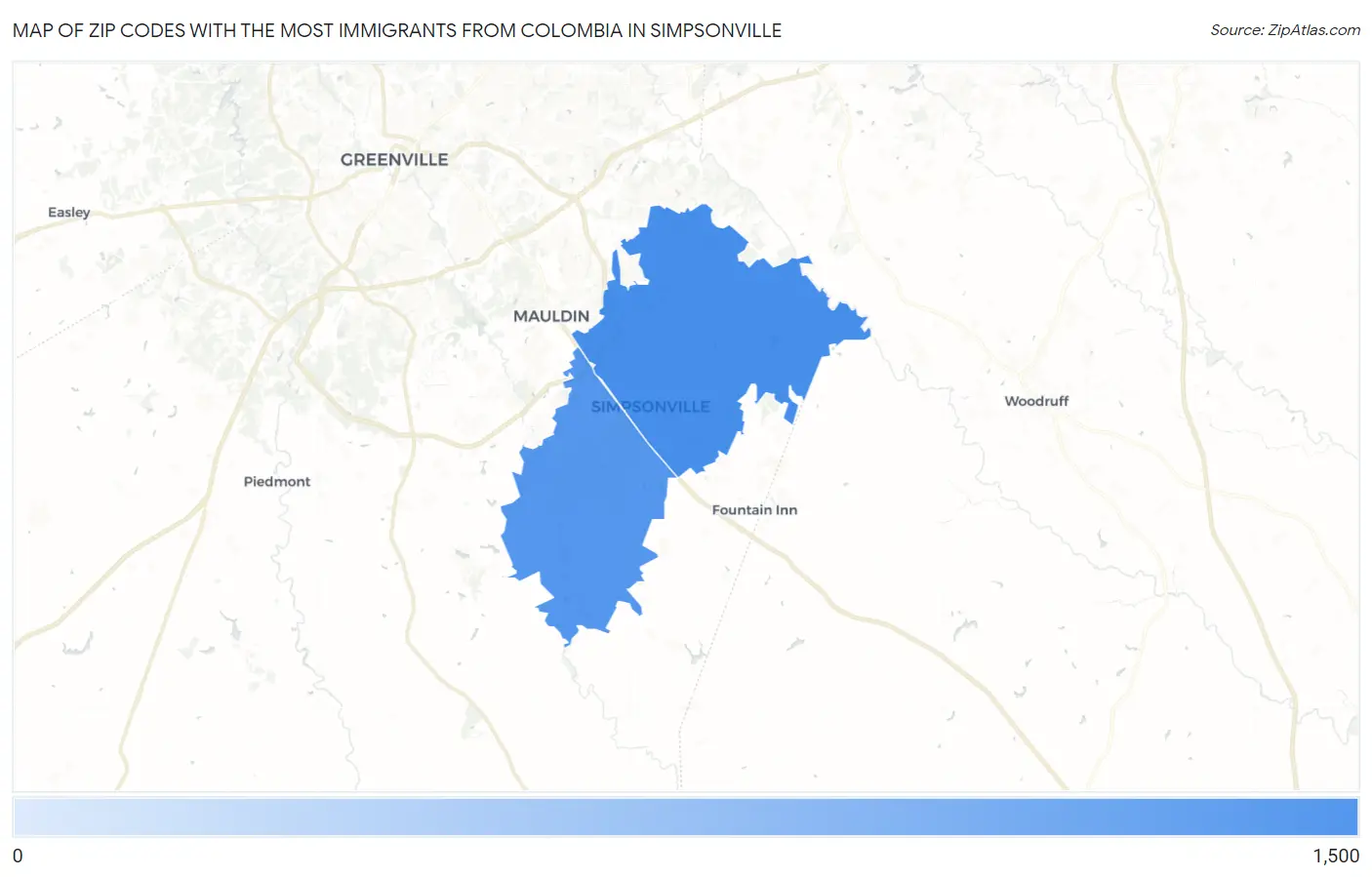 Zip Codes with the Most Immigrants from Colombia in Simpsonville Map