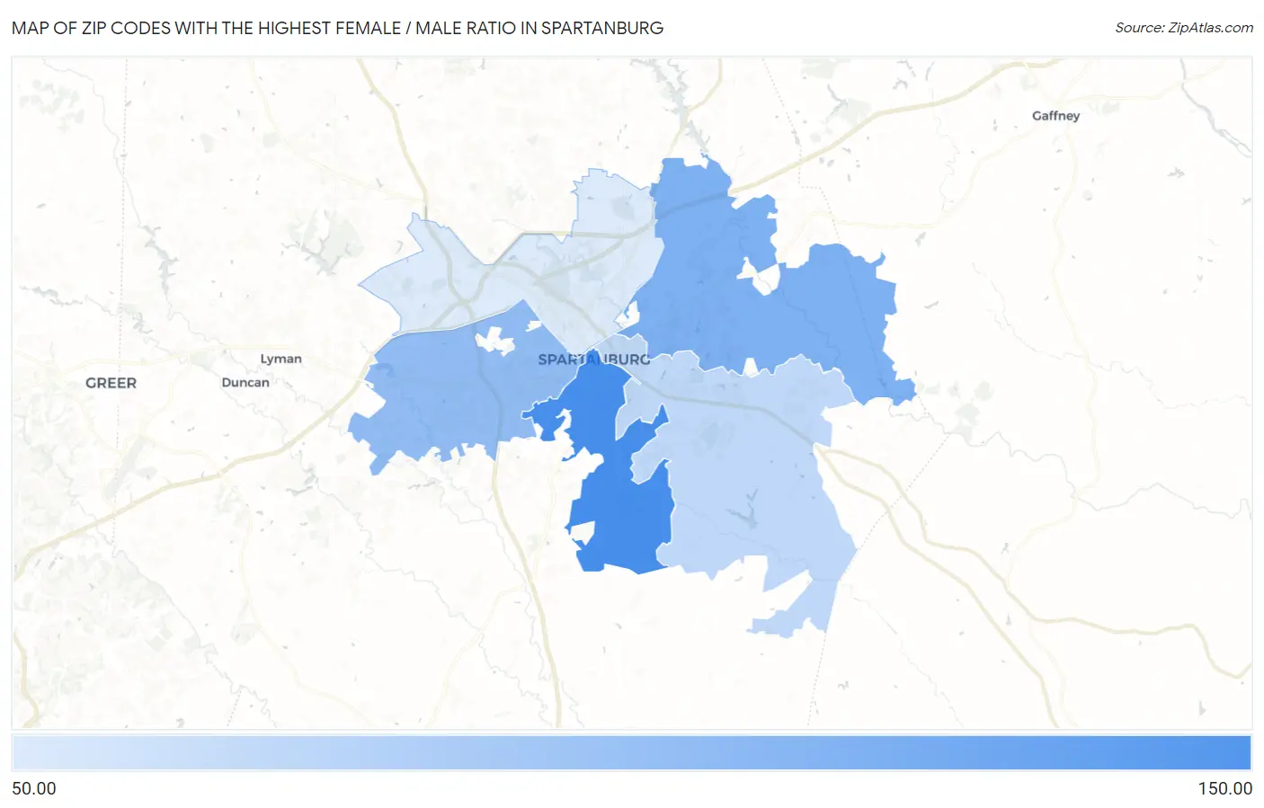 Zip Codes with the Highest Female / Male Ratio in Spartanburg Map