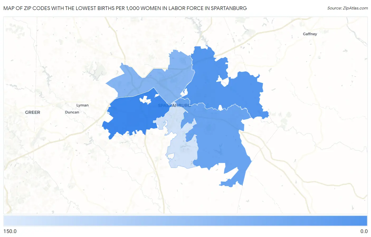 Zip Codes with the Lowest Births per 1,000 Women in Labor Force in Spartanburg Map