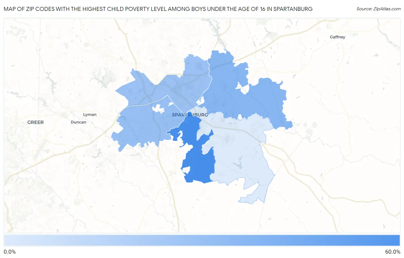 Zip Codes with the Highest Child Poverty Level Among Boys Under the Age of 16 in Spartanburg Map