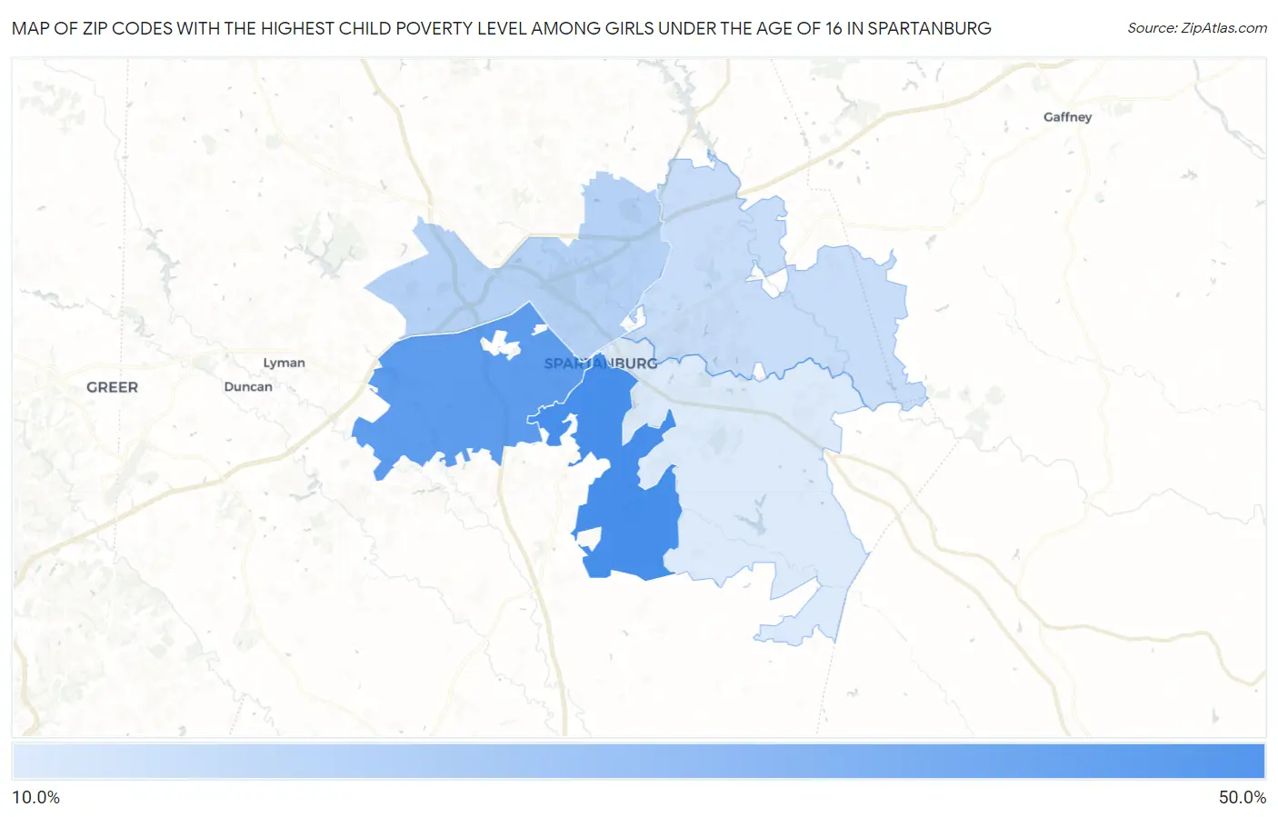 Zip Codes with the Highest Child Poverty Level Among Girls Under the Age of 16 in Spartanburg Map