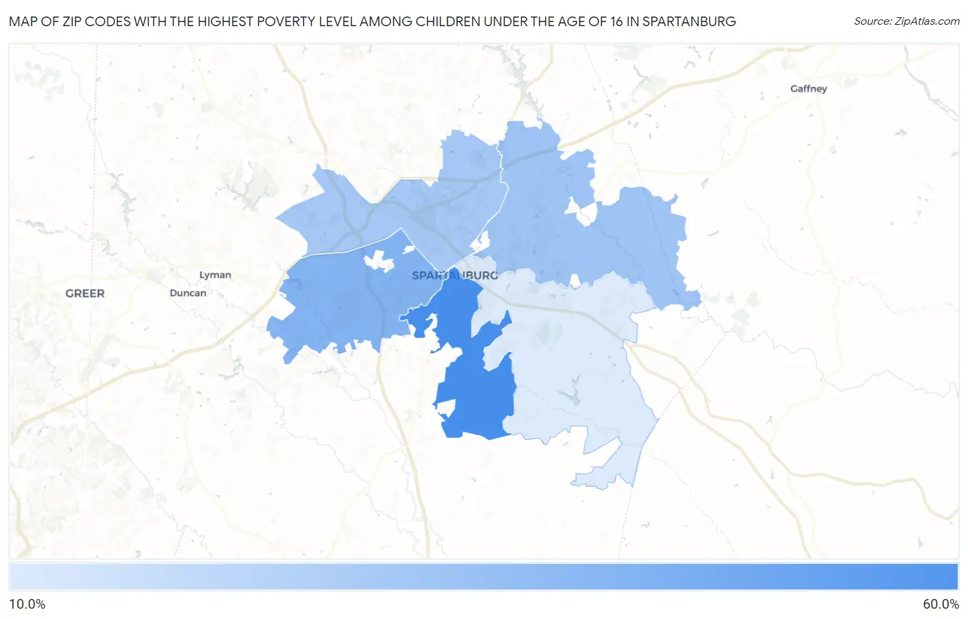 Zip Codes with the Highest Poverty Level Among Children Under the Age of 16 in Spartanburg Map