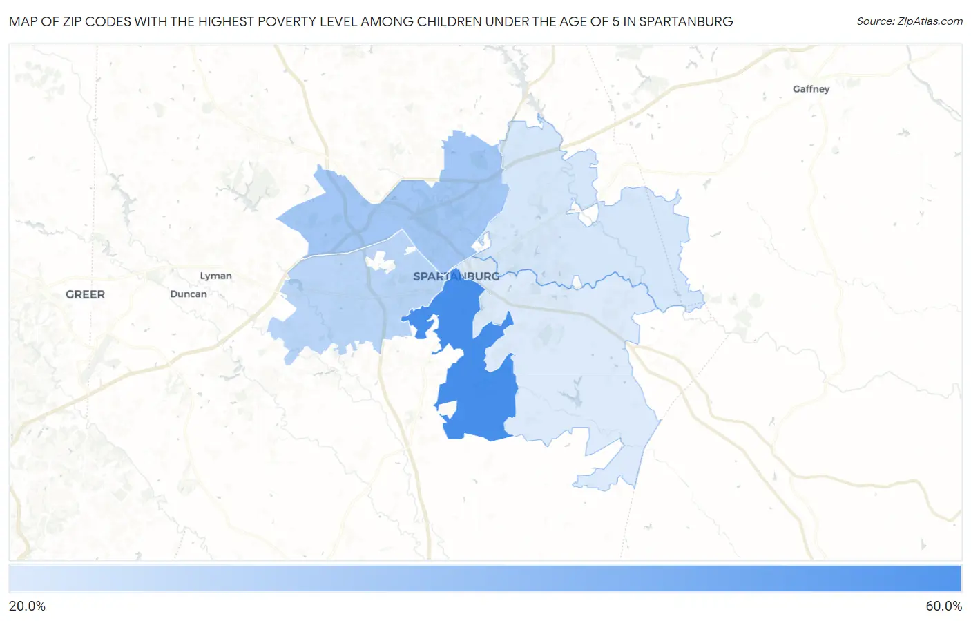 Zip Codes with the Highest Poverty Level Among Children Under the Age of 5 in Spartanburg Map