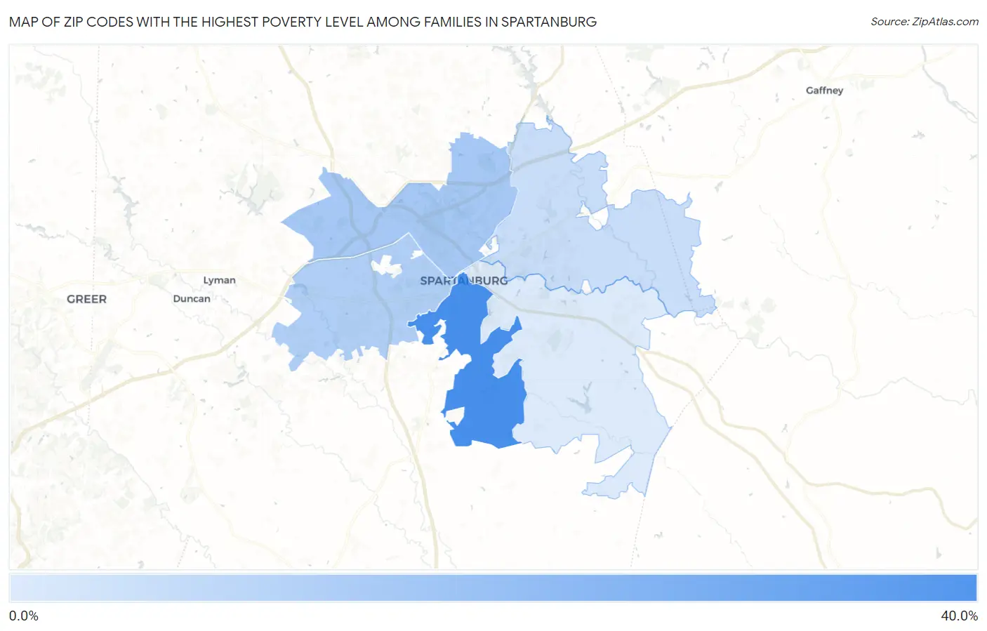 Zip Codes with the Highest Poverty Level Among Families in Spartanburg Map