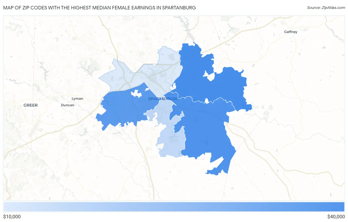Zip Codes with the Highest Median Female Earnings in Spartanburg Map