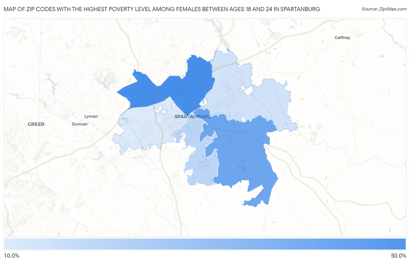 Zip Codes with the Highest Poverty Level Among Females Between Ages 18 and 24 in Spartanburg Map