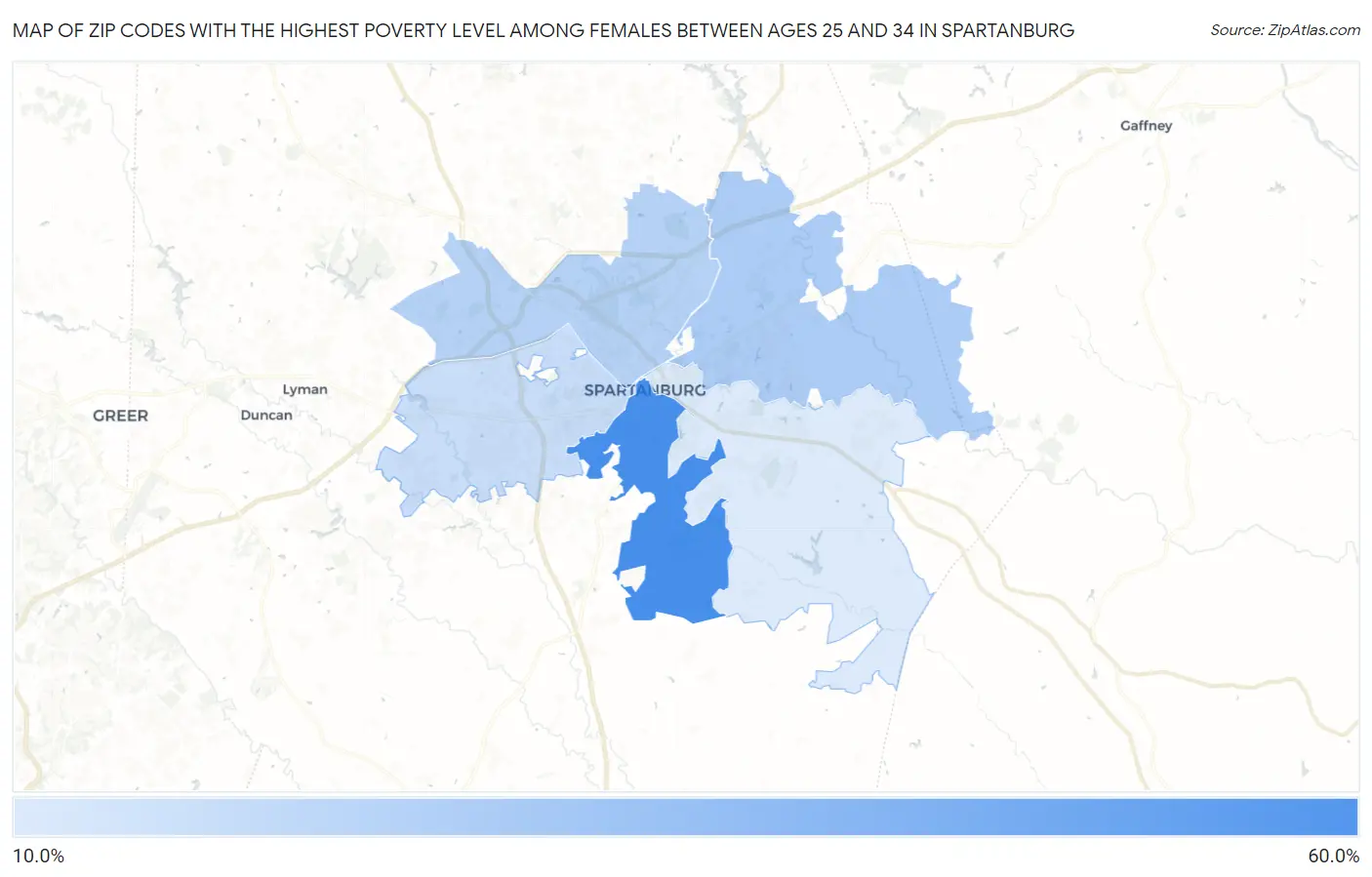 Zip Codes with the Highest Poverty Level Among Females Between Ages 25 and 34 in Spartanburg Map