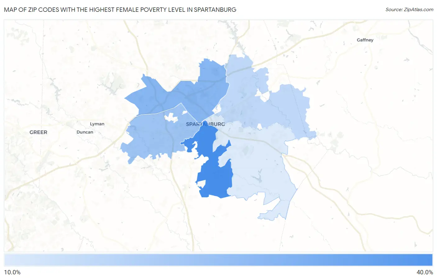 Zip Codes with the Highest Female Poverty Level in Spartanburg Map