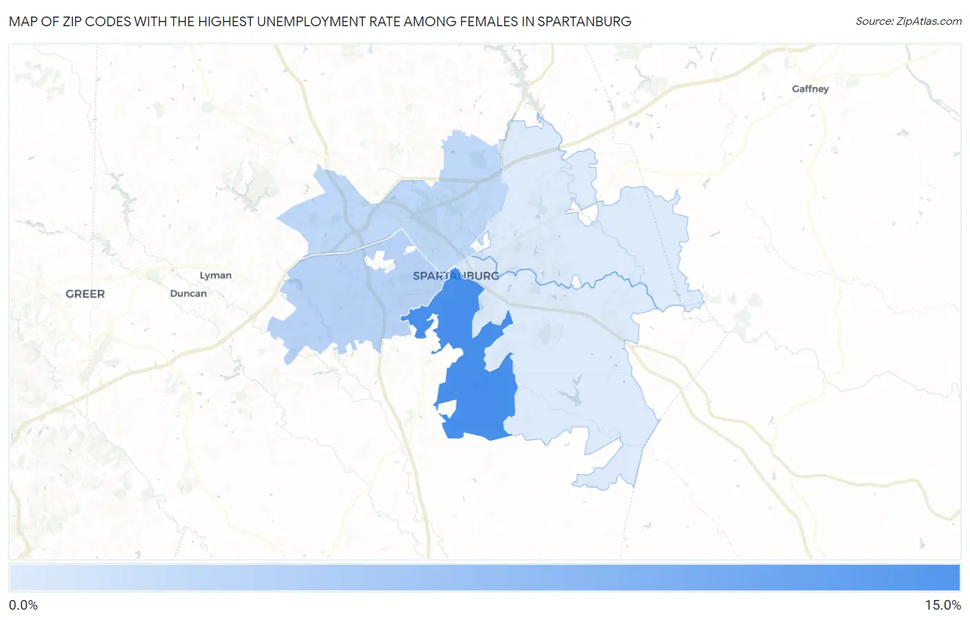 Zip Codes with the Highest Unemployment Rate Among Females in Spartanburg Map