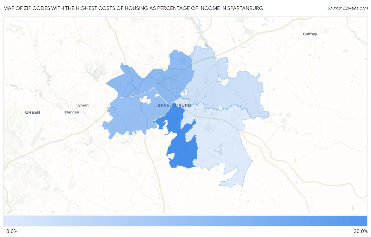 Zip Codes with the Highest Costs of Housing as Percentage of Income in Spartanburg Map