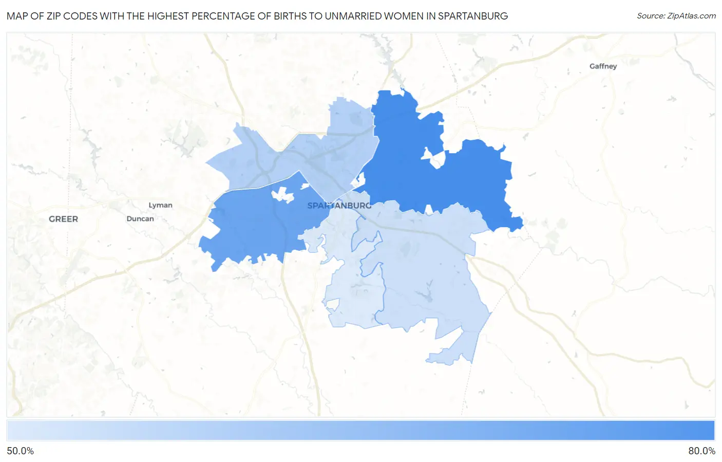 Zip Codes with the Highest Percentage of Births to Unmarried Women in Spartanburg Map