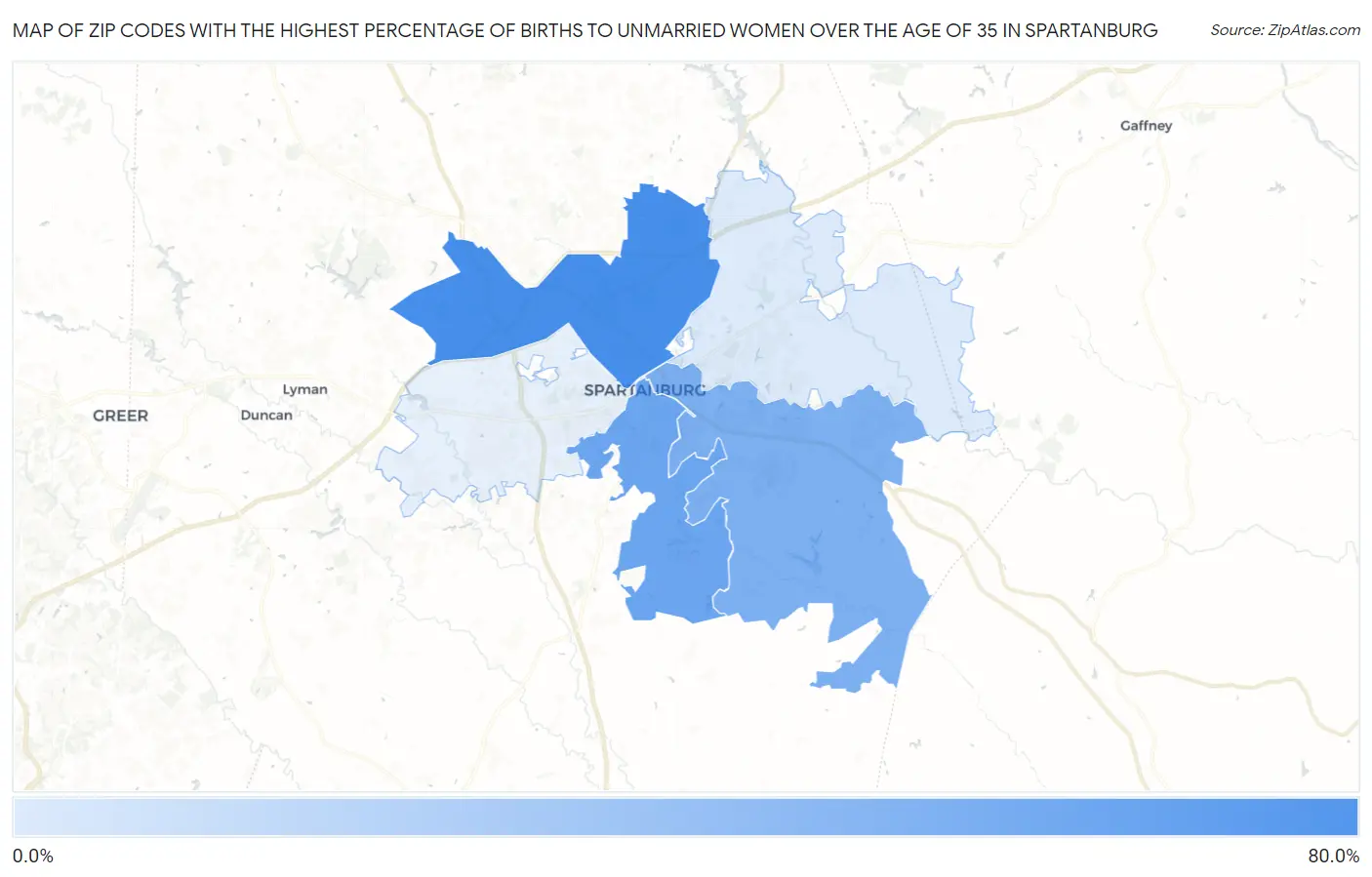 Zip Codes with the Highest Percentage of Births to Unmarried Women over the Age of 35 in Spartanburg Map