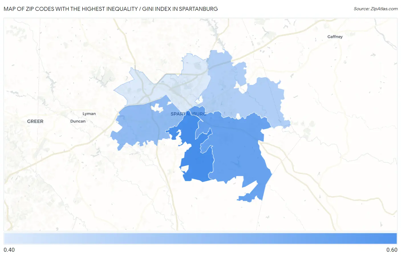 Zip Codes with the Highest Inequality / Gini Index in Spartanburg Map
