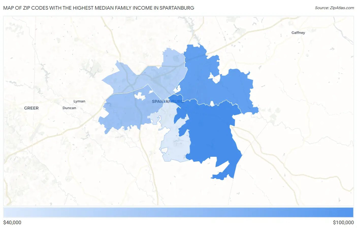 Zip Codes with the Highest Median Family Income in Spartanburg Map