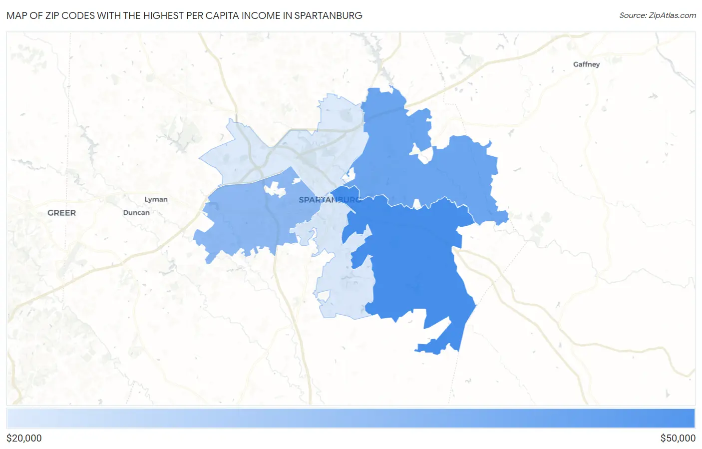 Zip Codes with the Highest Per Capita Income in Spartanburg Map