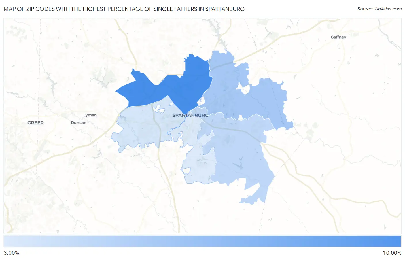 Zip Codes with the Highest Percentage of Single Fathers in Spartanburg Map