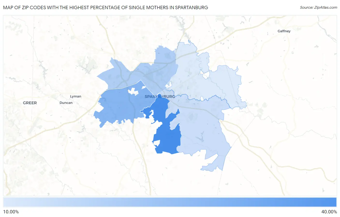 Zip Codes with the Highest Percentage of Single Mothers in Spartanburg Map