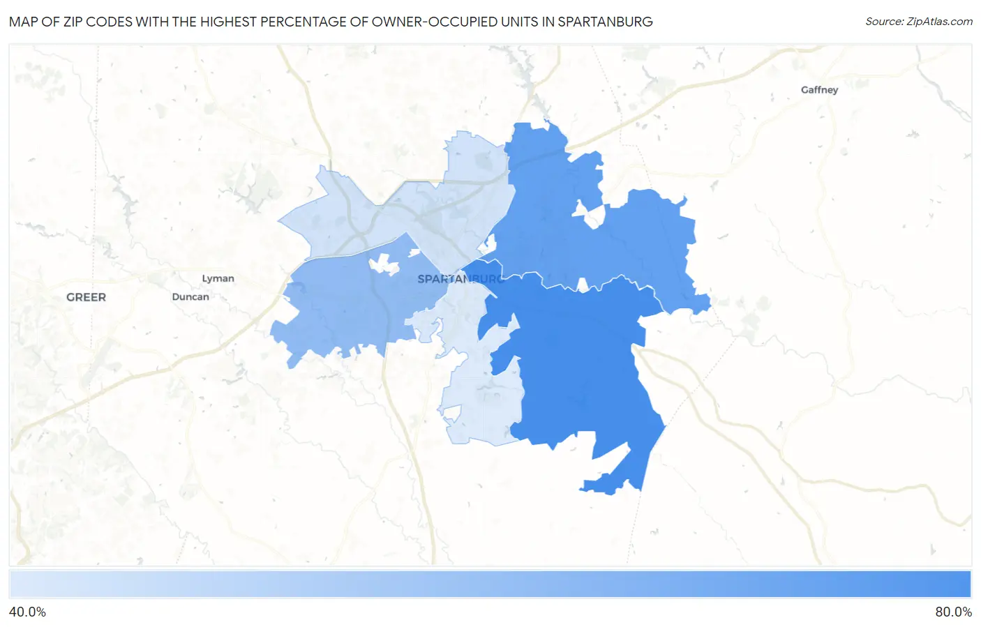 Zip Codes with the Highest Percentage of Owner-Occupied Units in Spartanburg Map